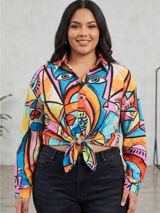 Live 4 Truth Tops - Live 4 Truth Multicolor Abstract Tie-Front Button Down Shirt crop